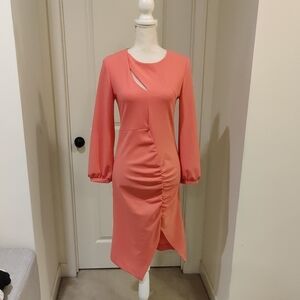New!Maryley Made In Italy Elegant Coral Long Sleeve Asymmetrical Dress Sz M